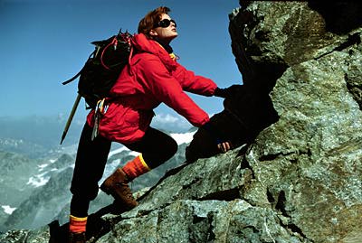 Nancy climbing Corvatsch